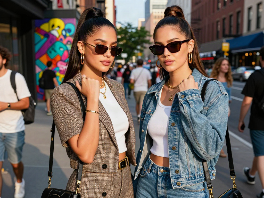 Celebrities that look alike flaunting their style in a vibrant urban scene