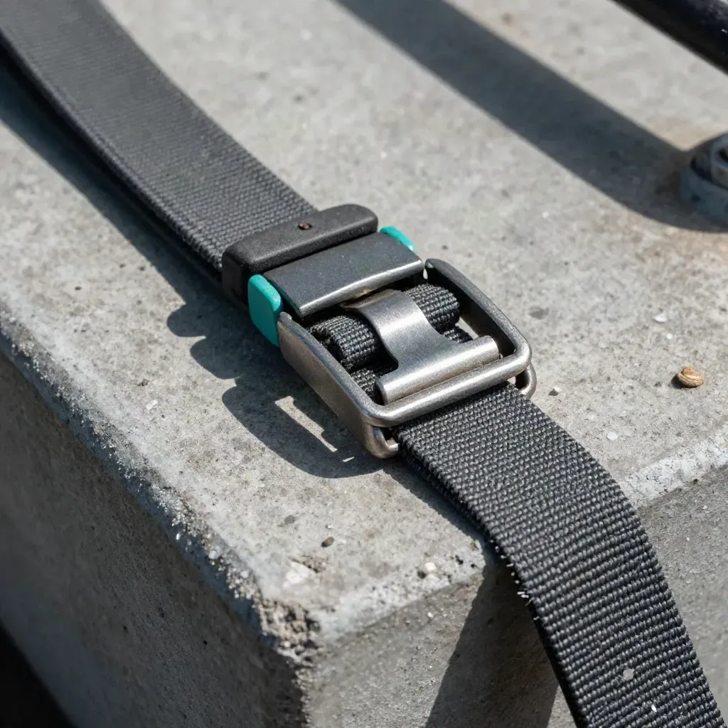 Cargo seal band, ratchet buckle, corner protector and strap on a concrete dock plate in side light.
