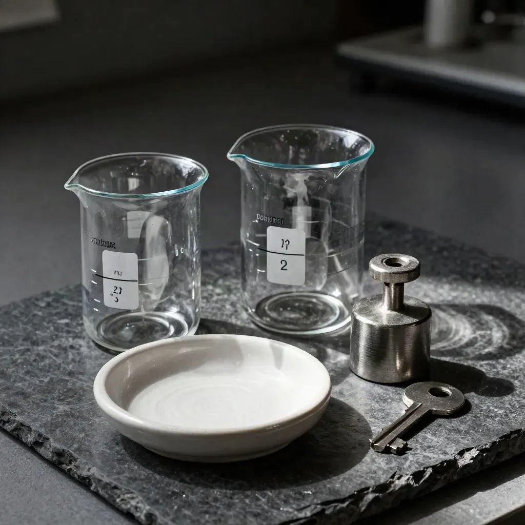 Beakers, watch dish, and calibration weight on a dark lab slab.