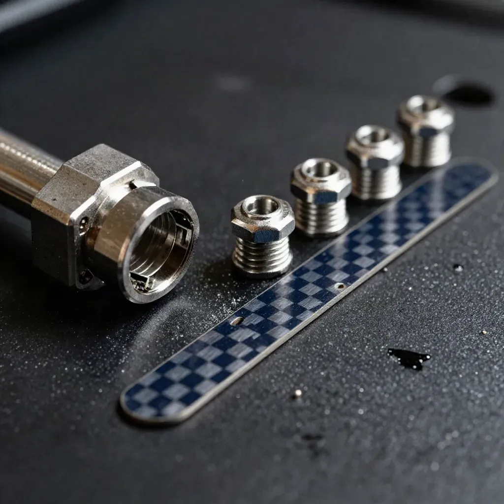 Aerospace fasteners, connector shell, and carbon-fibre shims on a dark metal worktable.