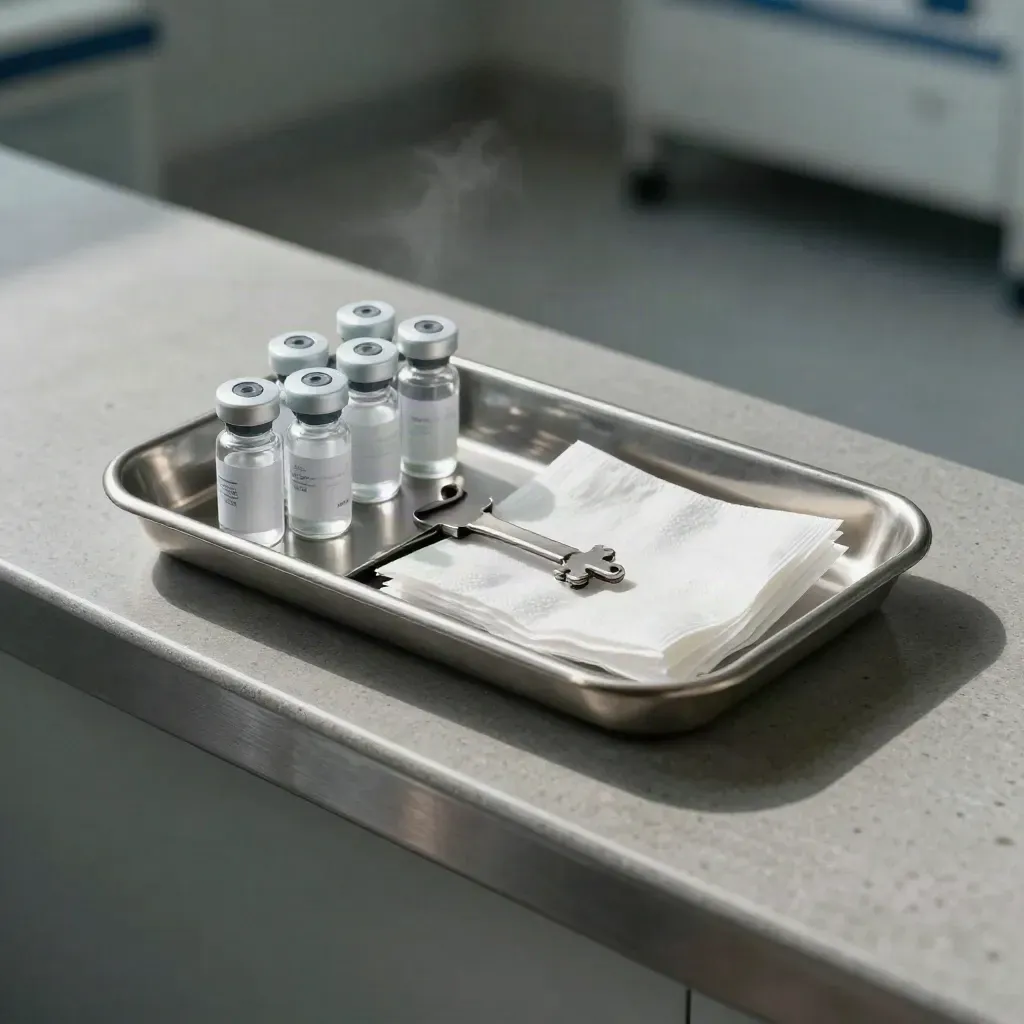 Stainless tray with specimen vials, gauze packets, and a clamp on a clinic bench.