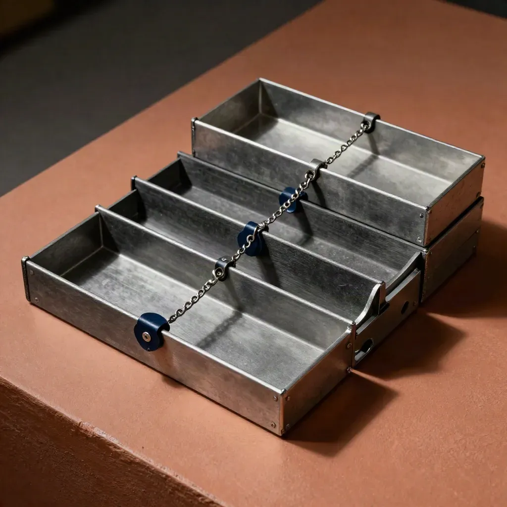 Graphite in-tray cassettes and routing clips on terracotta plaster with a navy marker disc.