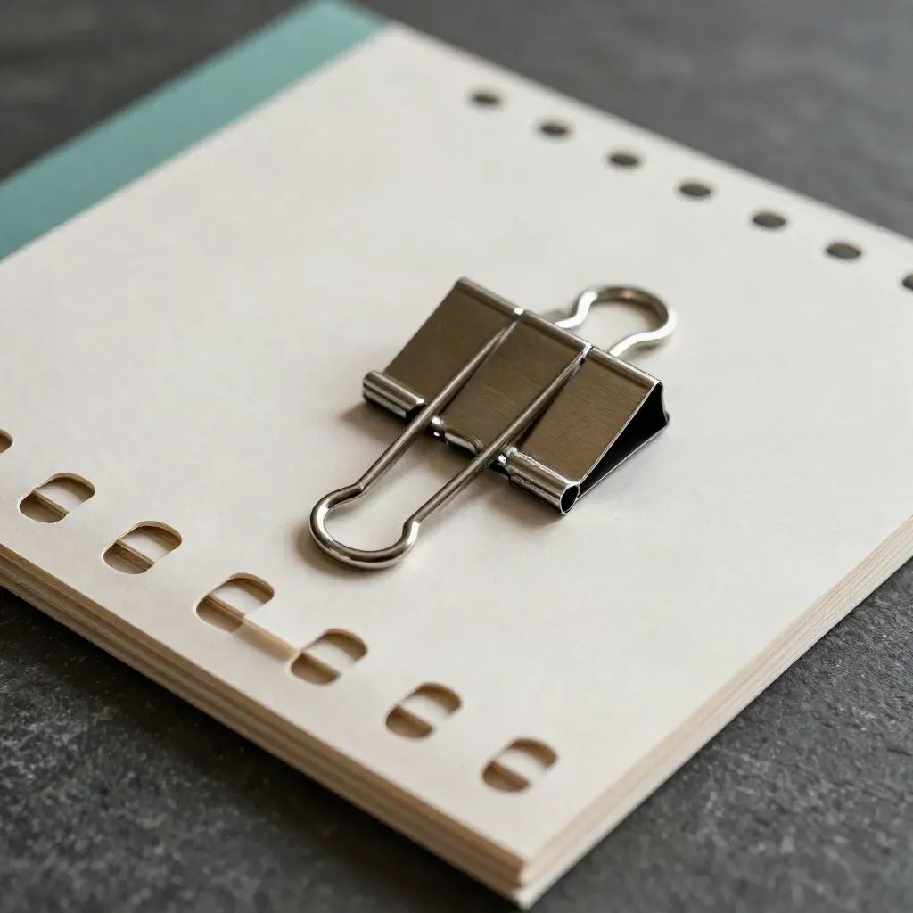 Top-down macro of paper dividers and a metal rail clip on graphite stone.