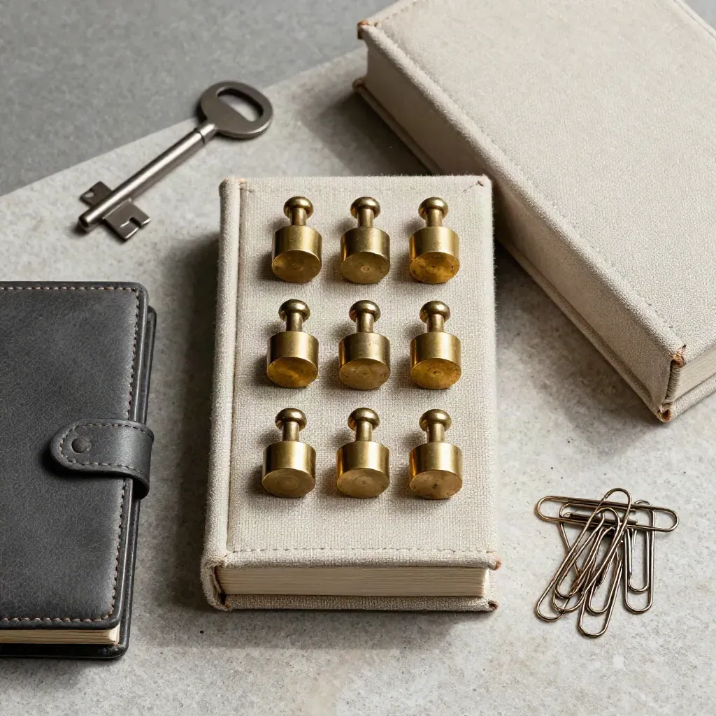 Brass weights, archive box, ledger case and paper clips on pale stone