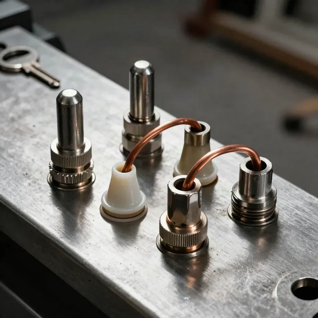 Energy control components on brushed steel, lit by a hard upper-left key.