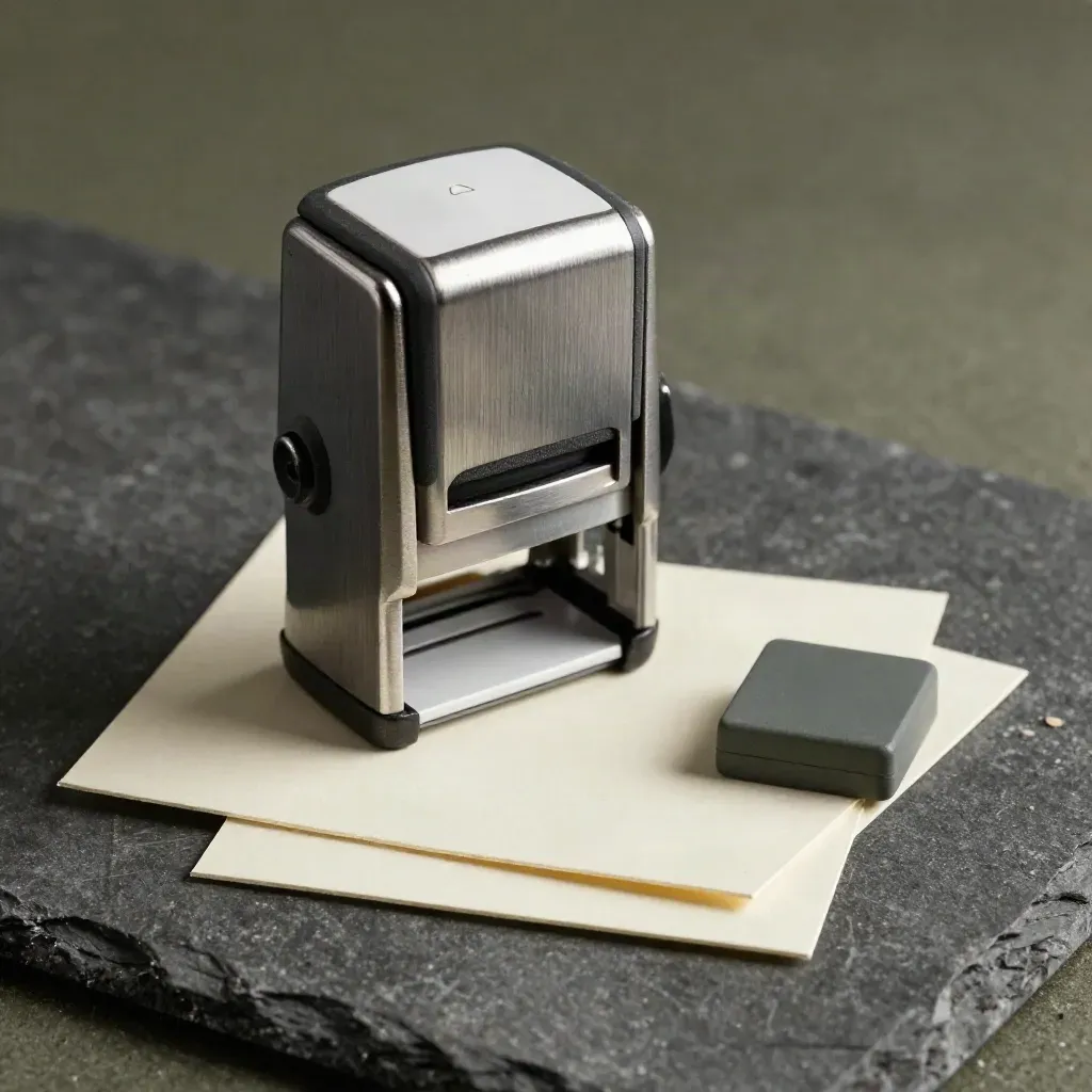 Inkless verification stamp hovers above three test cards and a rejection block on graphite stone.