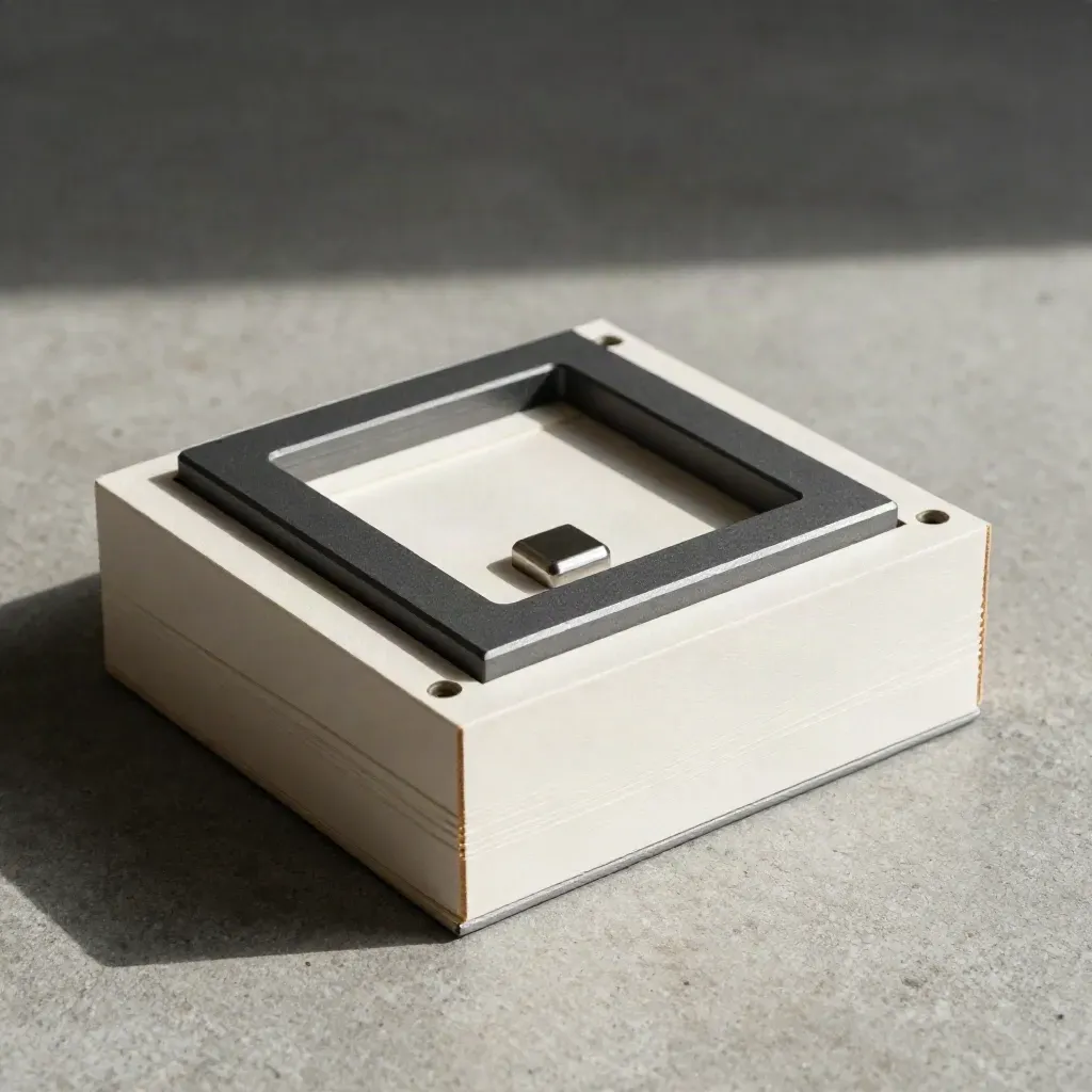 Inset frame and paper module with slim brackets on concrete under soft daylight.