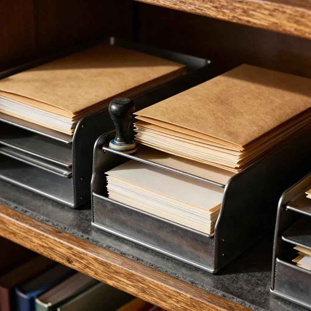 Stacked inbox trays, desk stamp, envelopes and workflow packets under raking office light