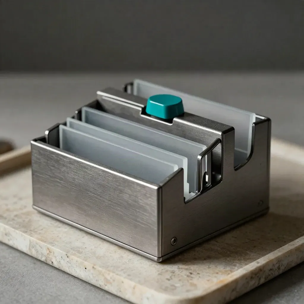 Graphite workflow sorter with teal tabs on limestone, close and sharply lit