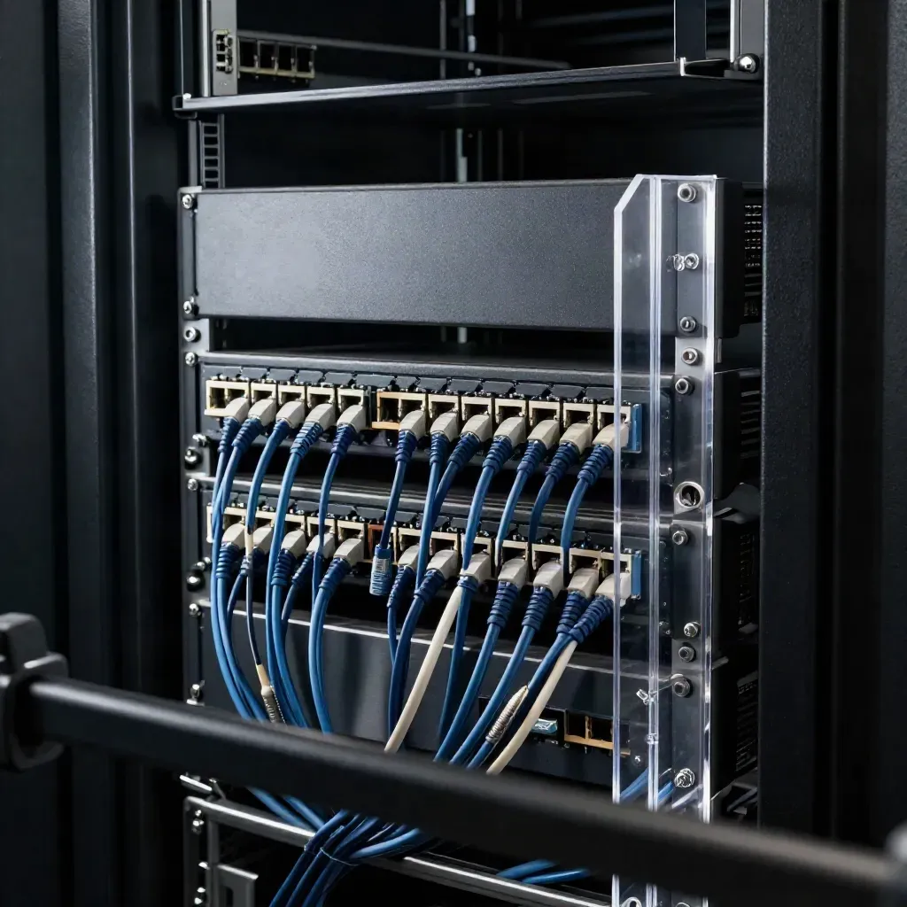 Rack cables, blank patch plates, and a clear acrylic guard in a dim server cabinet.