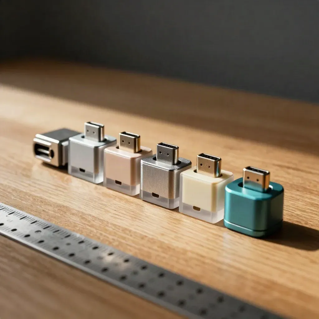 USB-C adapters, aluminium shells and acrylic spacer on a honey-oak bench, seen low through metal perforations