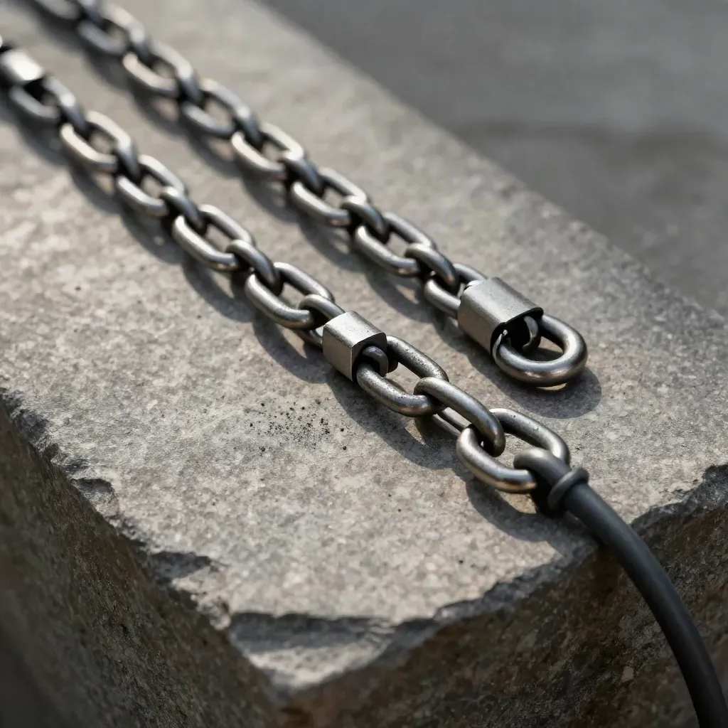 Diagonal chain of metal connectors on stone, lit by soft daylight