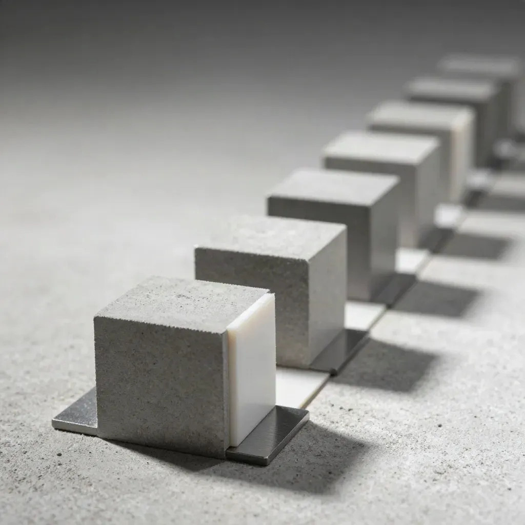 Macro flat lay of grey modular cubes, brackets, and spacers on pale concrete