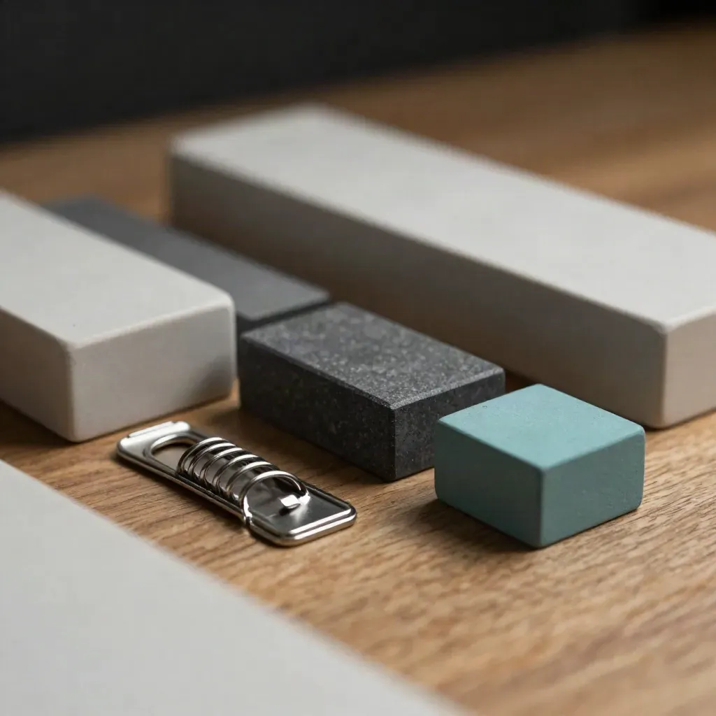 Ceramic blocks, graphite spacers, and a metal clip arranged on warm oak with a teal accent.